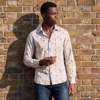 Full sleeves Slim Fit Beige All-Over Distressed texture Stripe Print Shirt