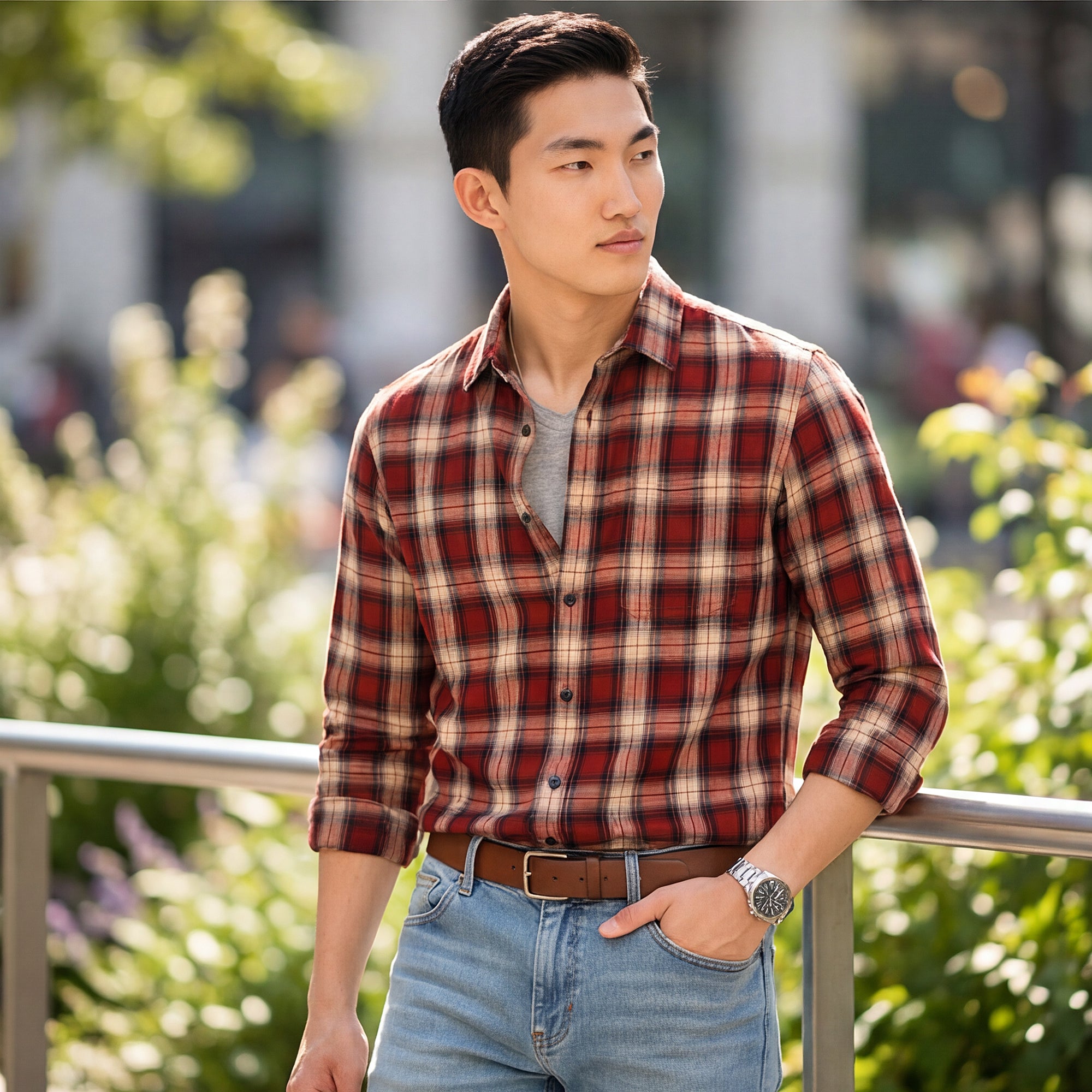 Men Rust Checks Slim Fit Shirt