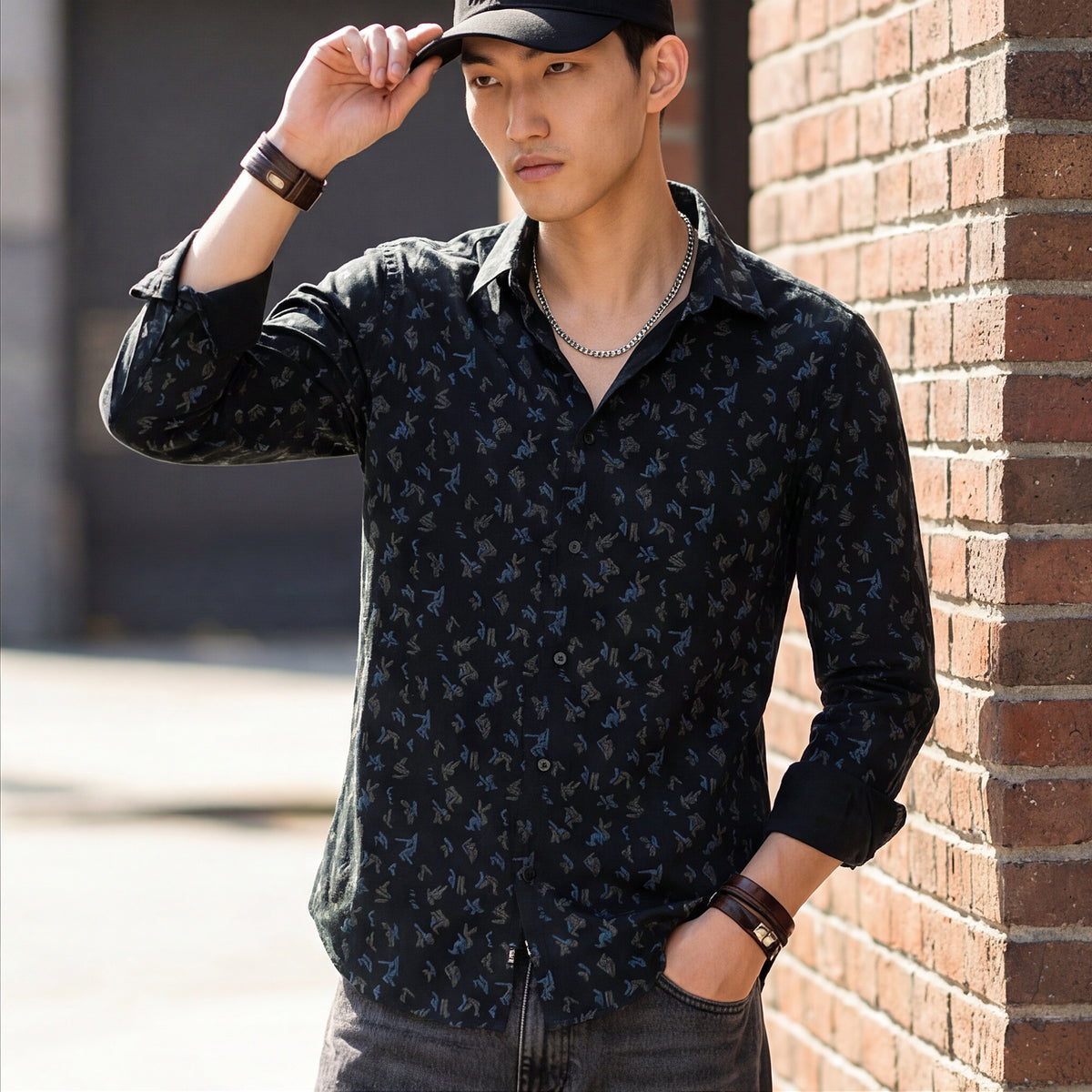 Full Sleeves Slim Fit Bottle Green All Over Geometric Motif Print Shirt