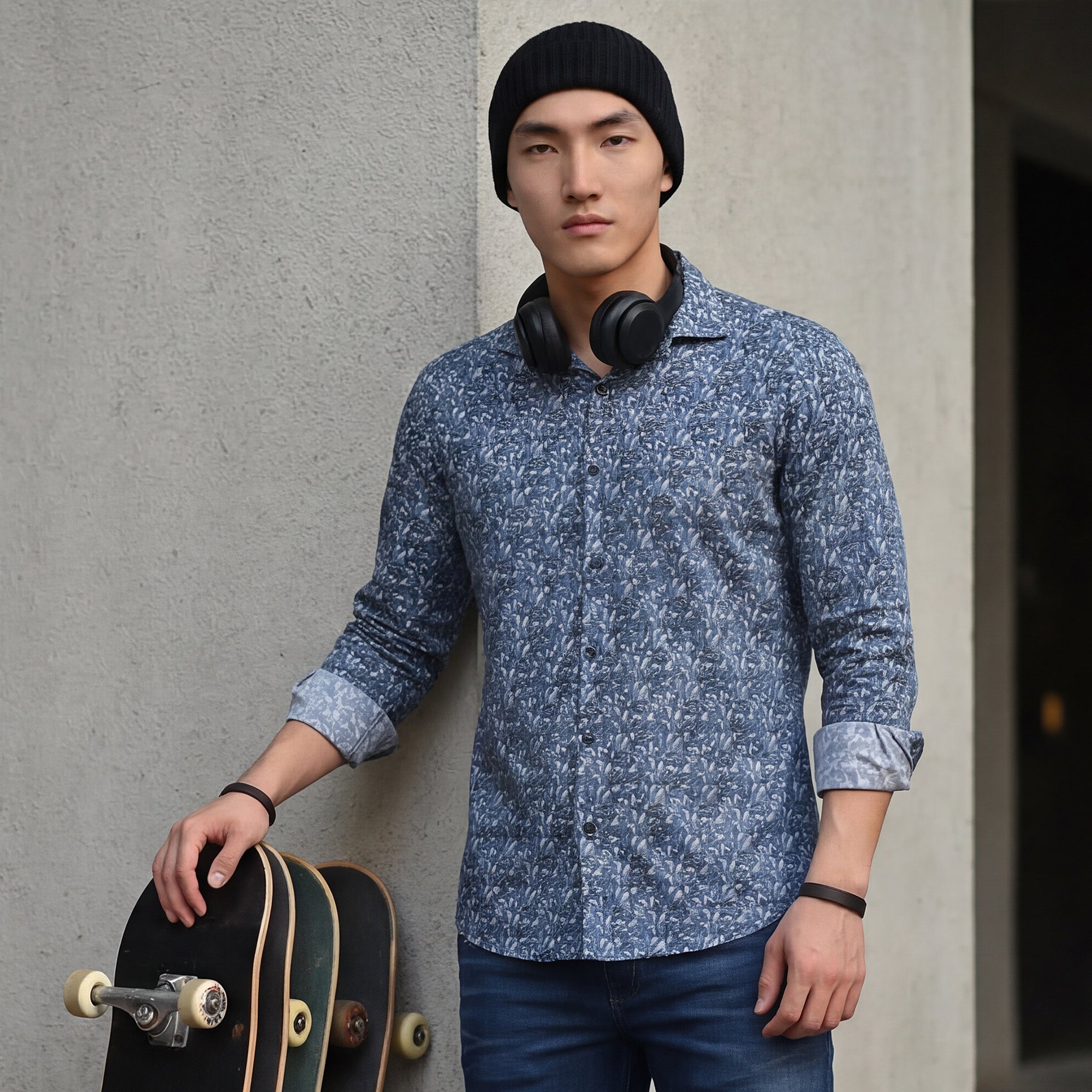 Full Sleeves Slim Fit Grey All Over Abstract Floral Floral Satin Solid Shirt