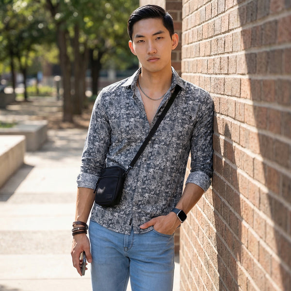 Full Sleeves Slim Fit Grey Textured All Over Grunge Floral Dobby Print Shirt