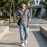 Full Sleeves Slim Fit Grey Textured All Over Grunge Floral Dobby Print Shirt