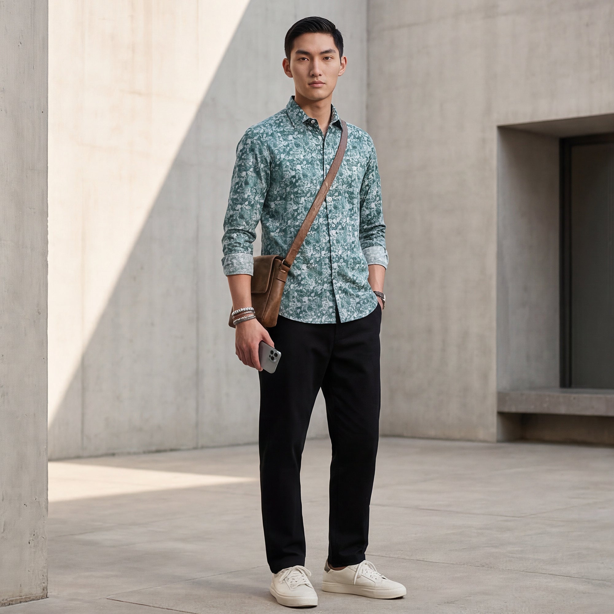 Full Sleeves Slim Fit Green Textured All Over Grunge Floral Dobby Print Shirt