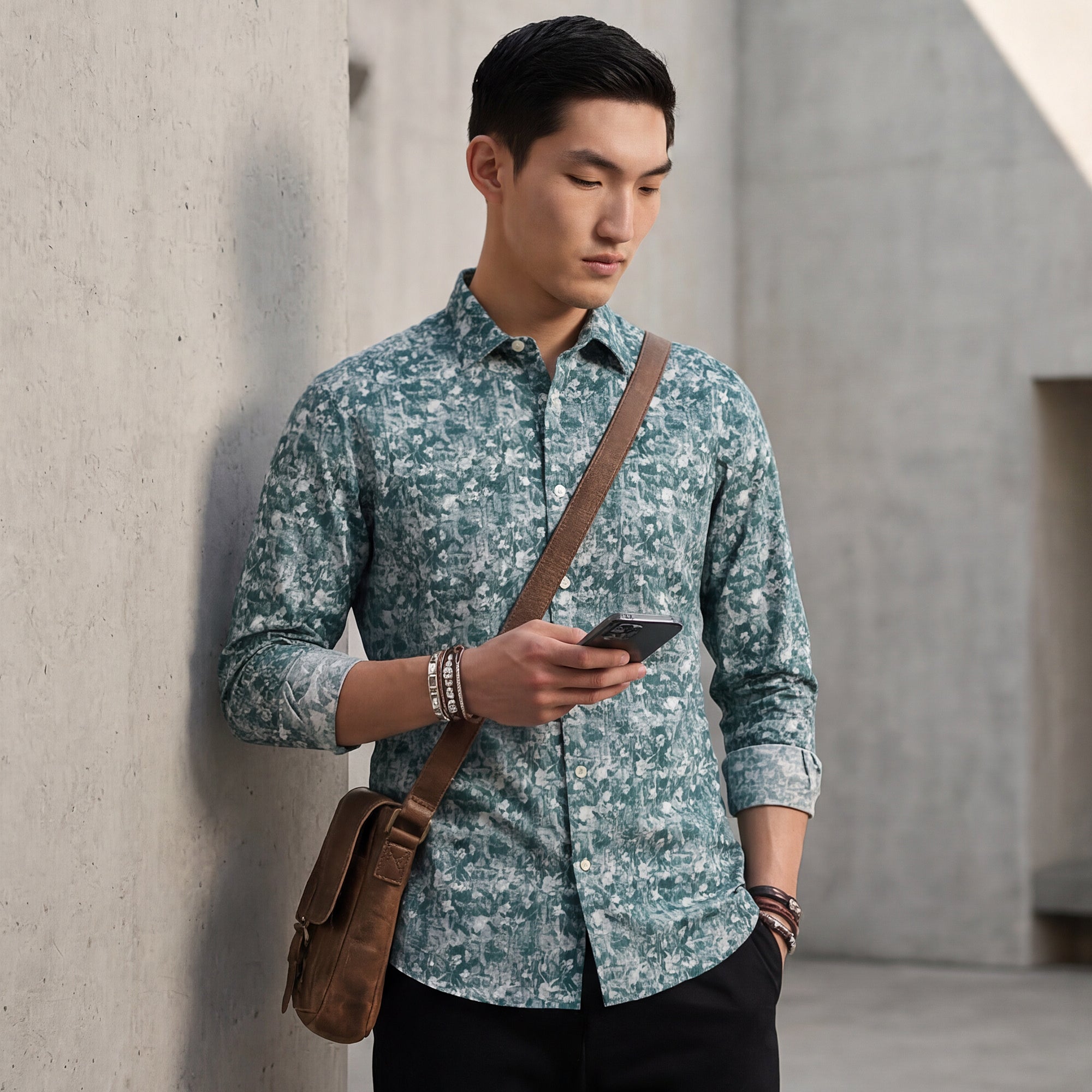 Full Sleeves Slim Fit Green Textured All Over Grunge Floral Dobby Print Shirt