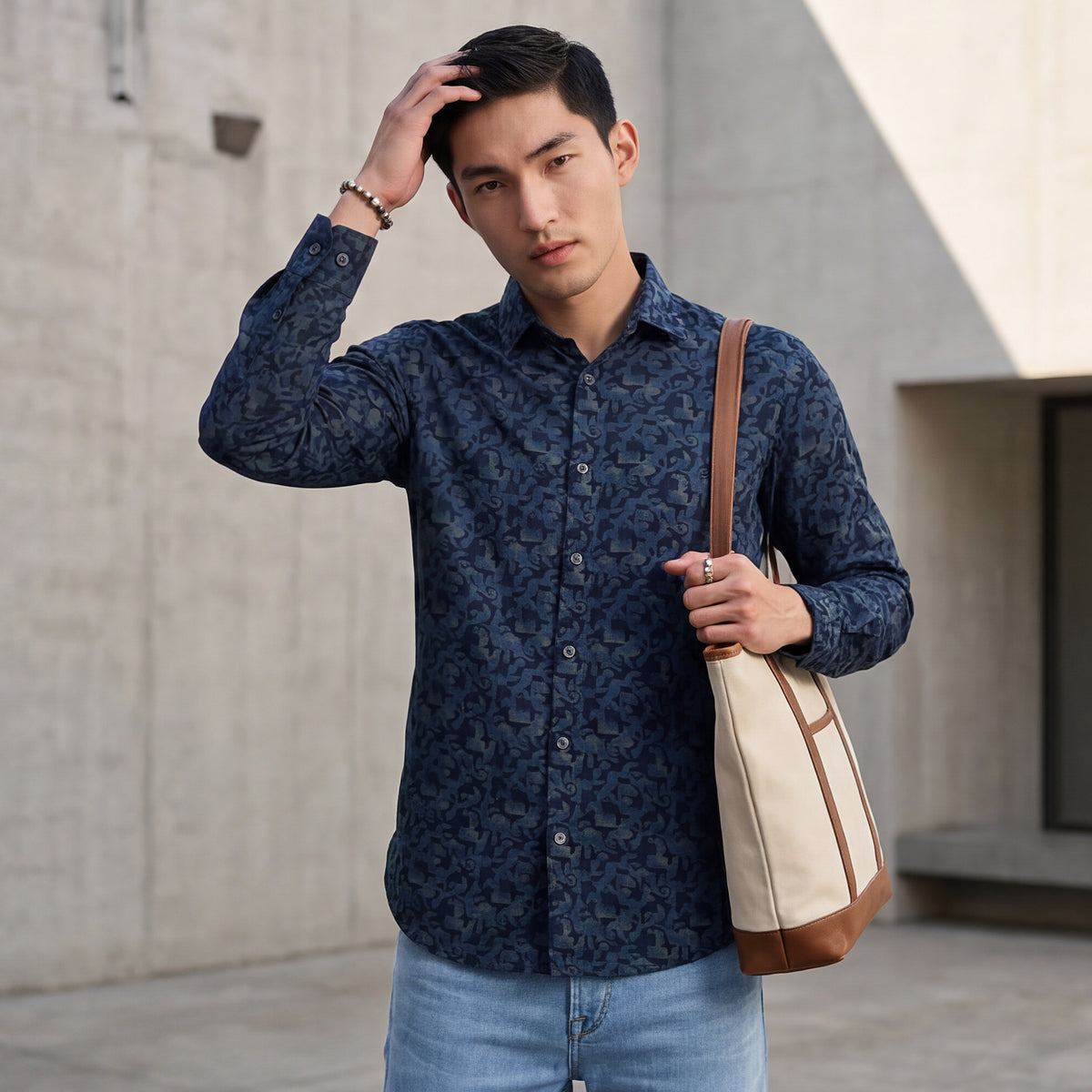 Full Sleeves Slim Fit Slate Blue All Over Textured Geometric Dobby Print Shirt