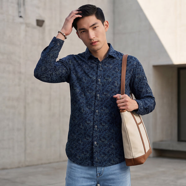 Full Sleeves Slim Fit Slate Blue All Over Textured Geometric Dobby Print Shirt