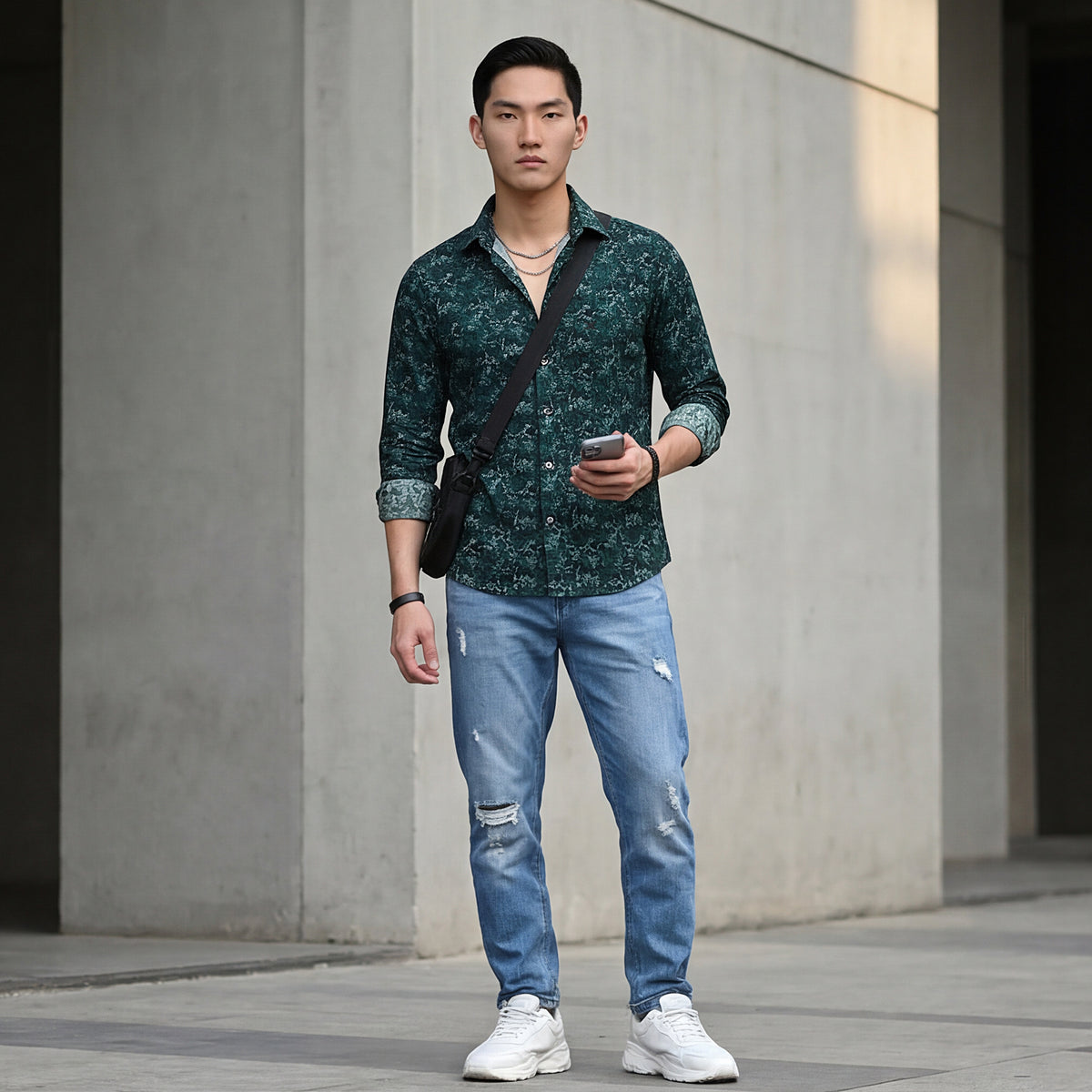 Men Green Printed Slim Fit Shirt