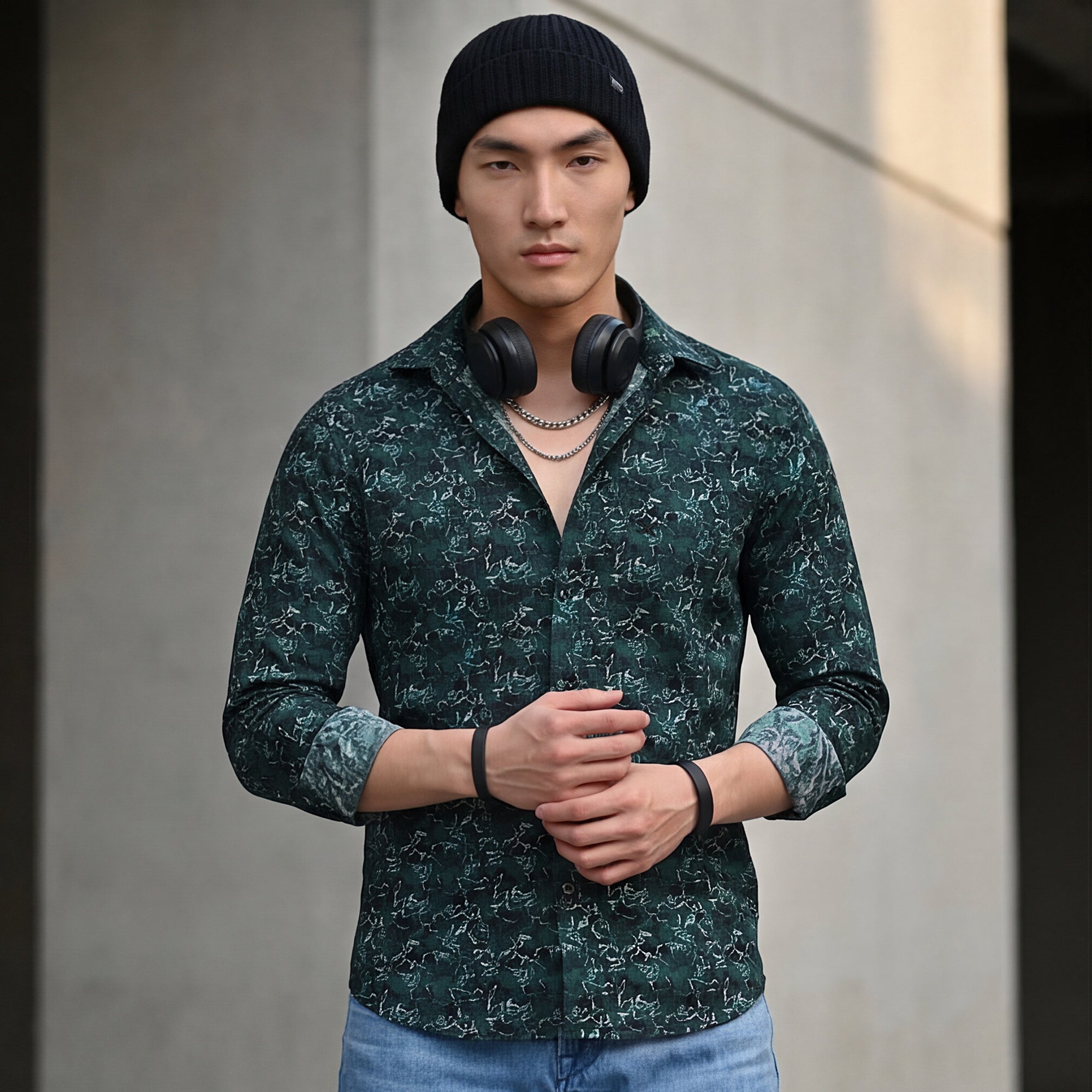 Full Sleeves SlimFit Green All-Over Abstract Rose Outline Print Shirt