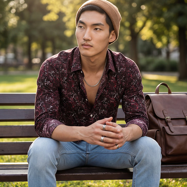 Full Sleeves SlimFit Coffee All-Over Abstract Rose Outline Print Shirt