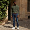 Full Sleeves Slim Fit Olive washed Double Pocket Color Denim Solid Shirt