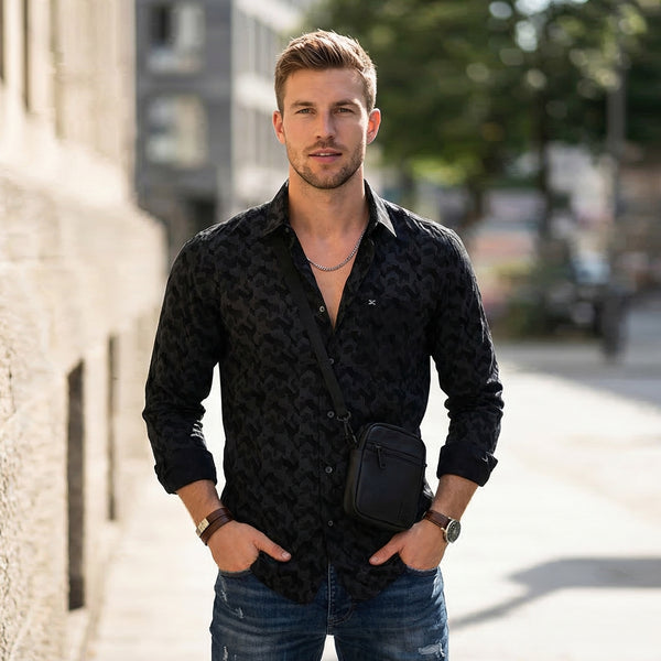 Full Sleeves SlimFit Black All-Over Abstract Geometric Print Shirt