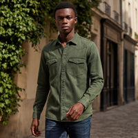 Full Sleeves Slim Fit Olive washed Double Pocket Color Denim Solid Shirt