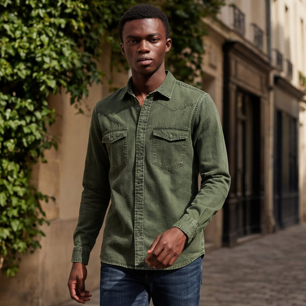 Full Sleeves Slim Fit Olive washed Double Pocket Color Denim Solid Shirt