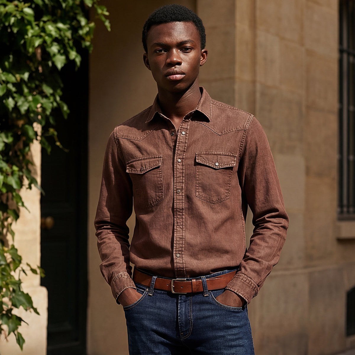Full Sleeves Slim Fit Coffee washed Double Pocket Color Denim Solid Shirt