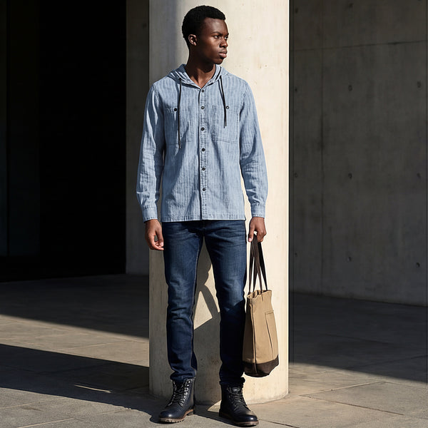 Full Sleeves Straight Fit Light Blue washed Double Pocket Hoodie Indigo Solid Shirt