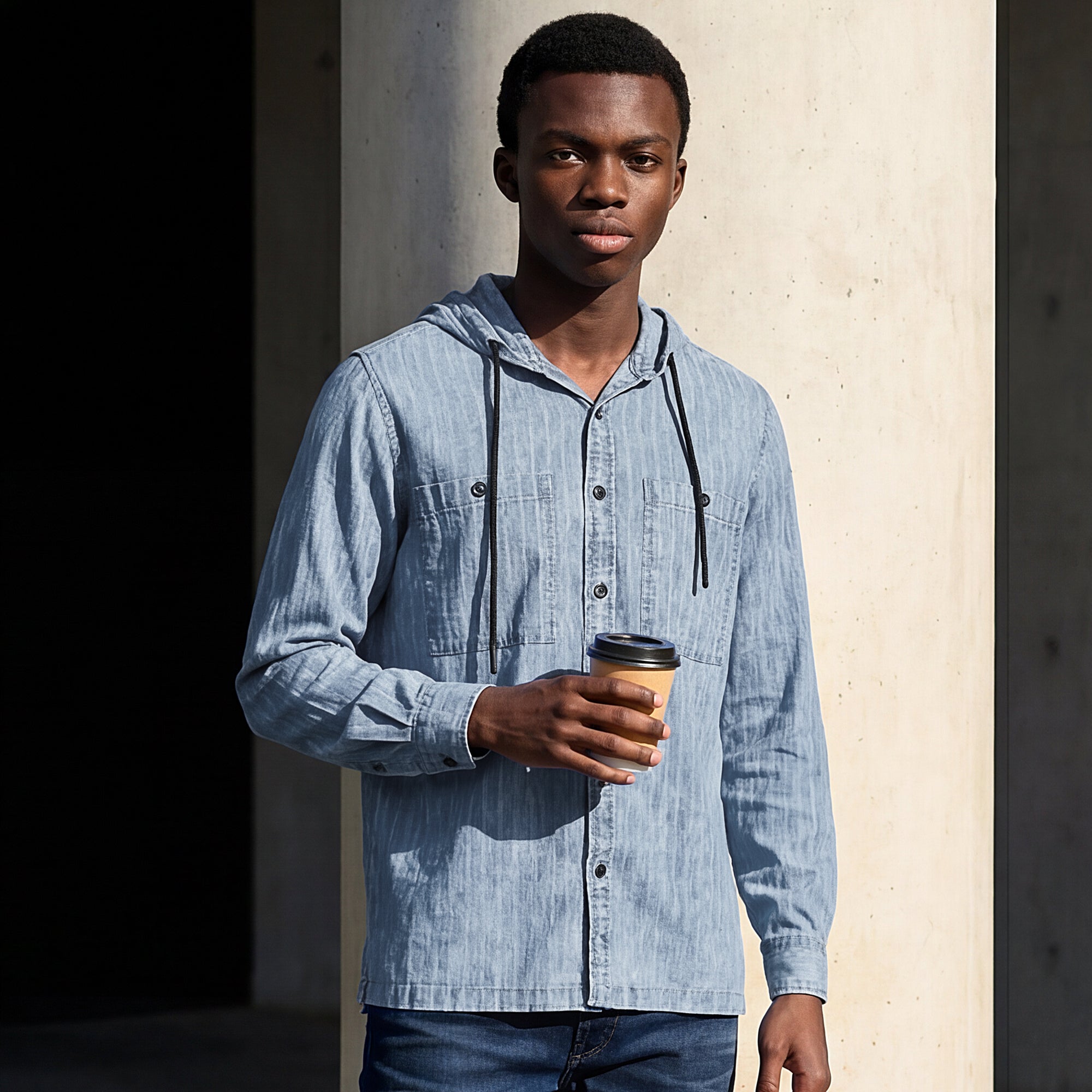 Full Sleeves Straight Fit Light Blue washed Double Pocket Hoodie Indigo Solid Shirt