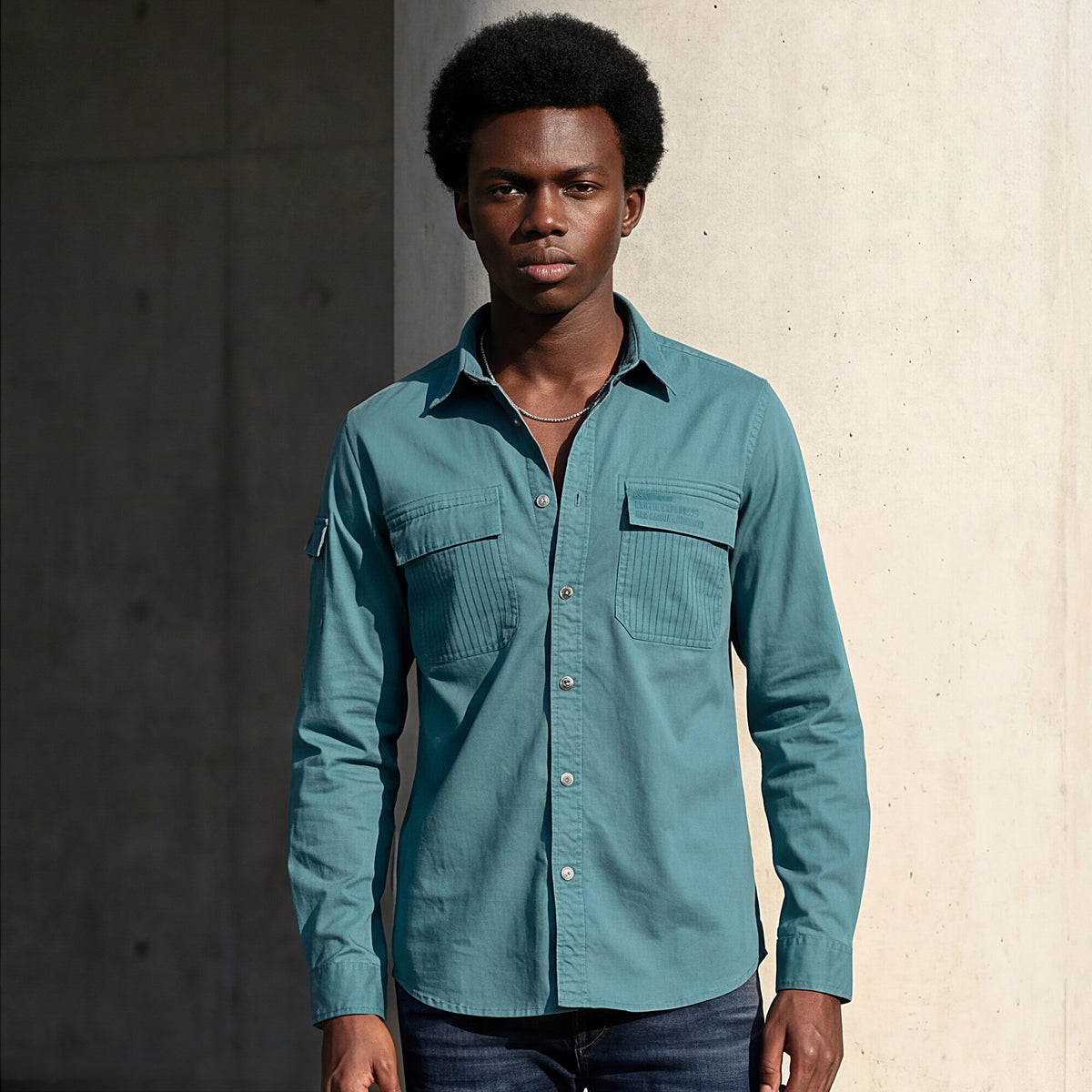 Full Sleeves Straight Fit Slate Emrald Green Heavy Twill Double Pocket Solid Shirt