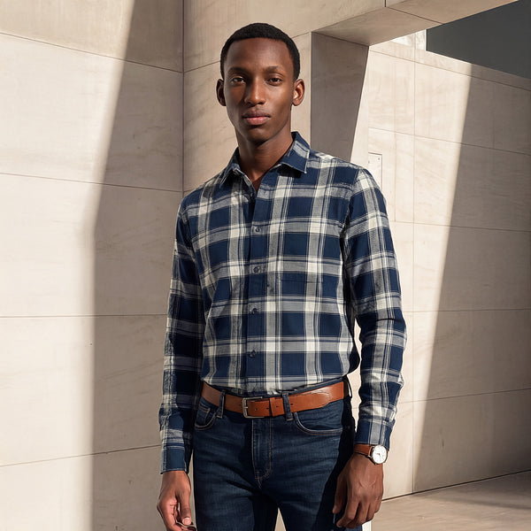 Full Sleeves Straight Fit Slate Blue Heavy Textured Checks Shirt