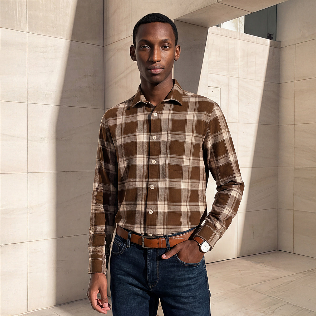Full Sleeves Straight Fit Brown Heavy Textured Checks Shirt