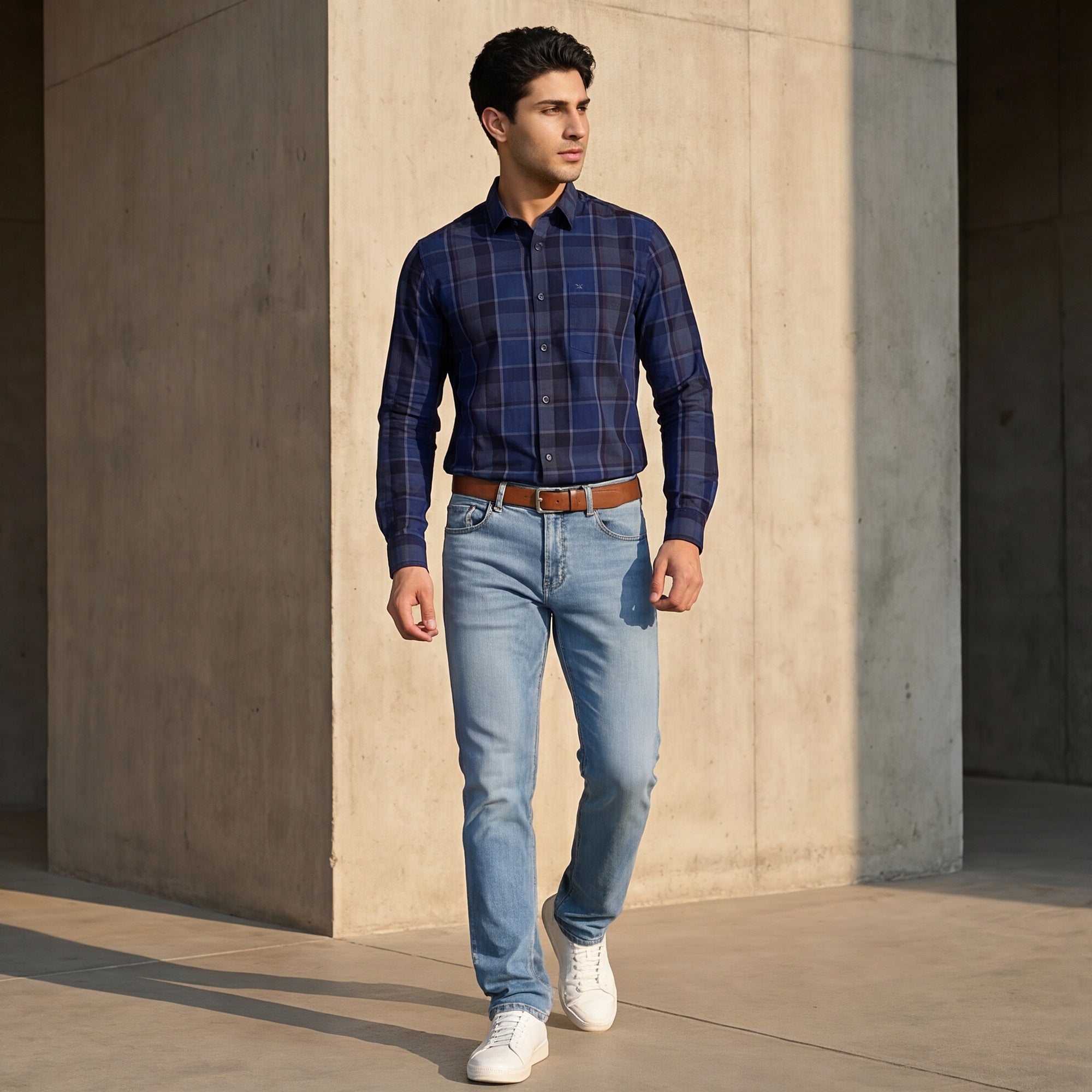 Men Blue Checks Slim Fit Shirt