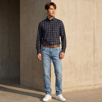 Full Sleeves Slim Fit Navy Button-Down Dobby Checks Shirt