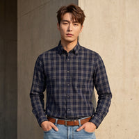 Full Sleeves Slim Fit Navy Button-Down Dobby Checks Shirt