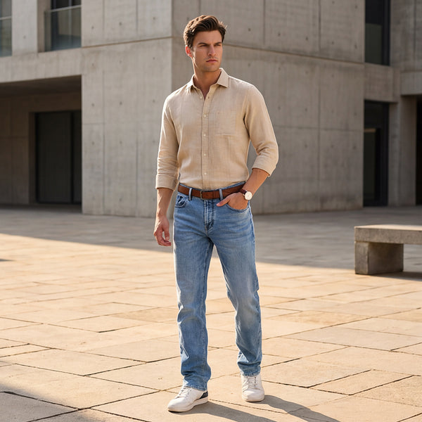 Full sleeves Slim Fit Beige Pure Linen Solid Shirt