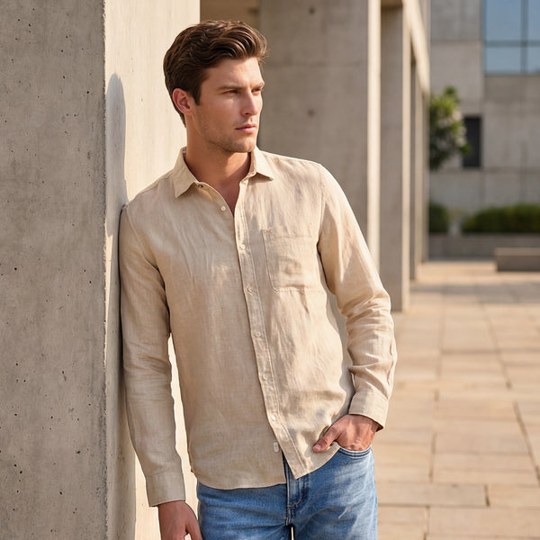 Full sleeves Slim Fit Beige Pure Linen Solid Shirt