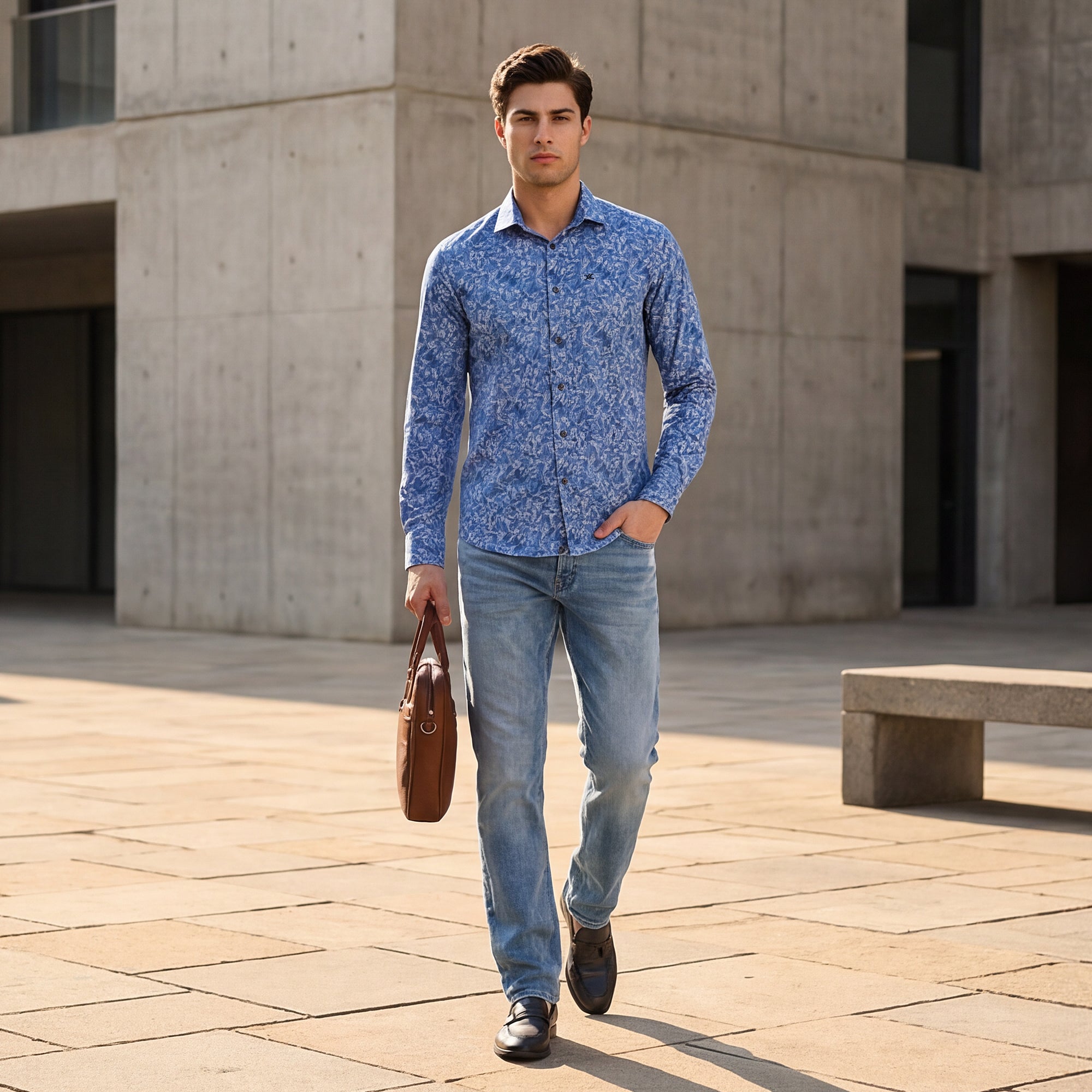 Men Blue Printed Slim Fit Shirt