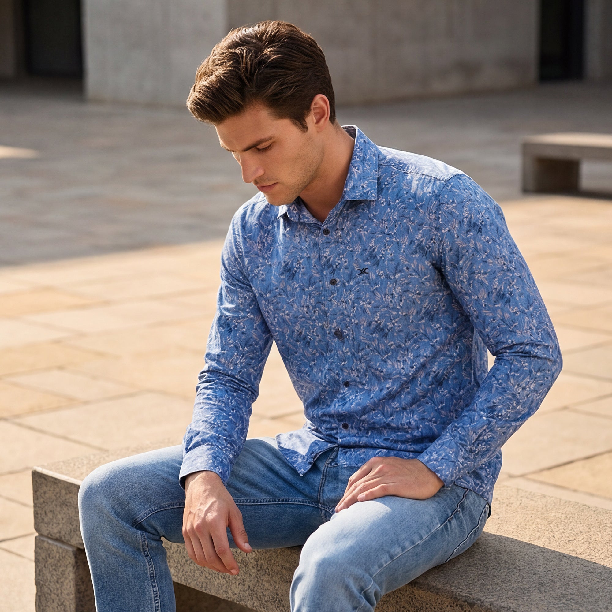 Men Blue Printed Slim Fit Shirt