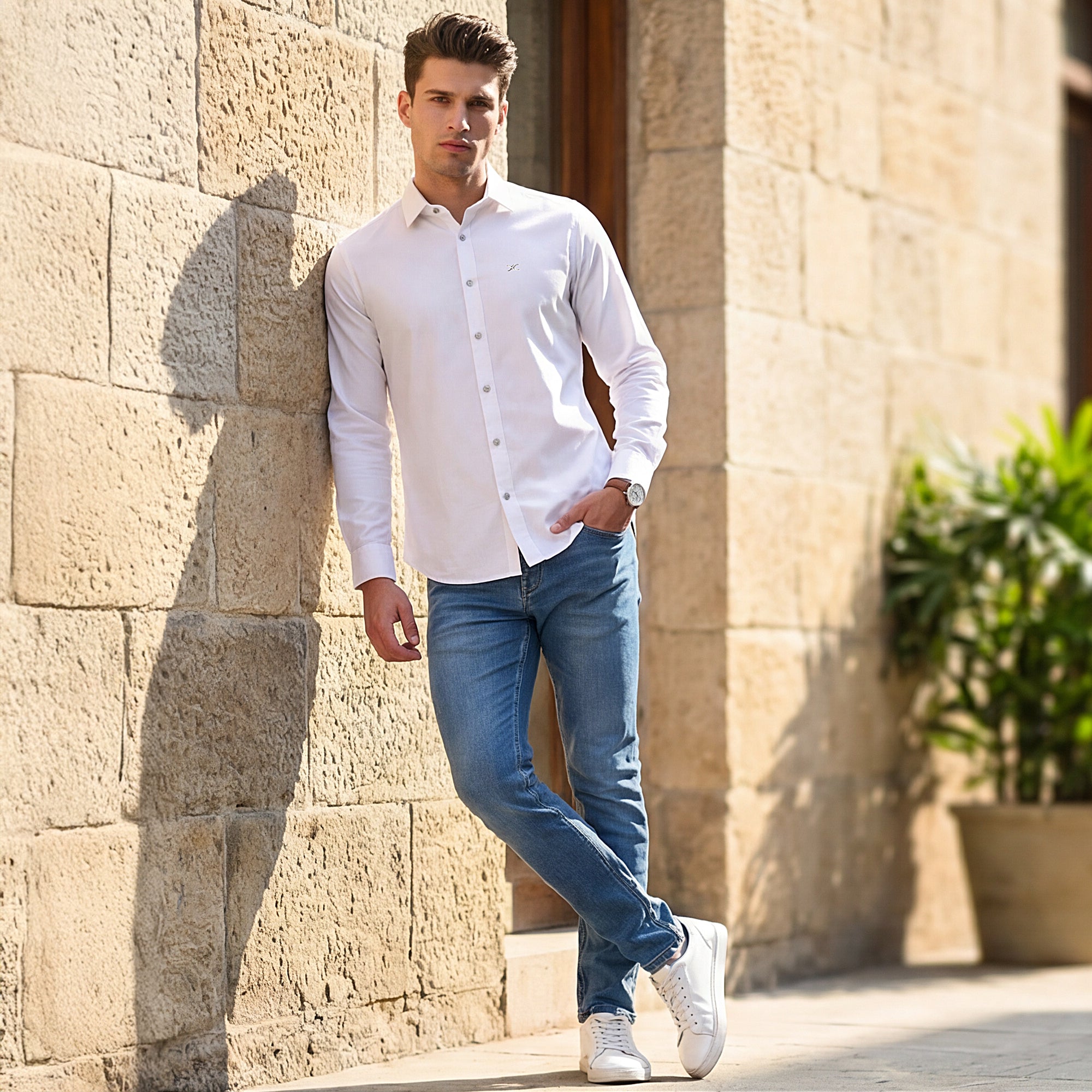 Men White Solid Slim Fit Shirt