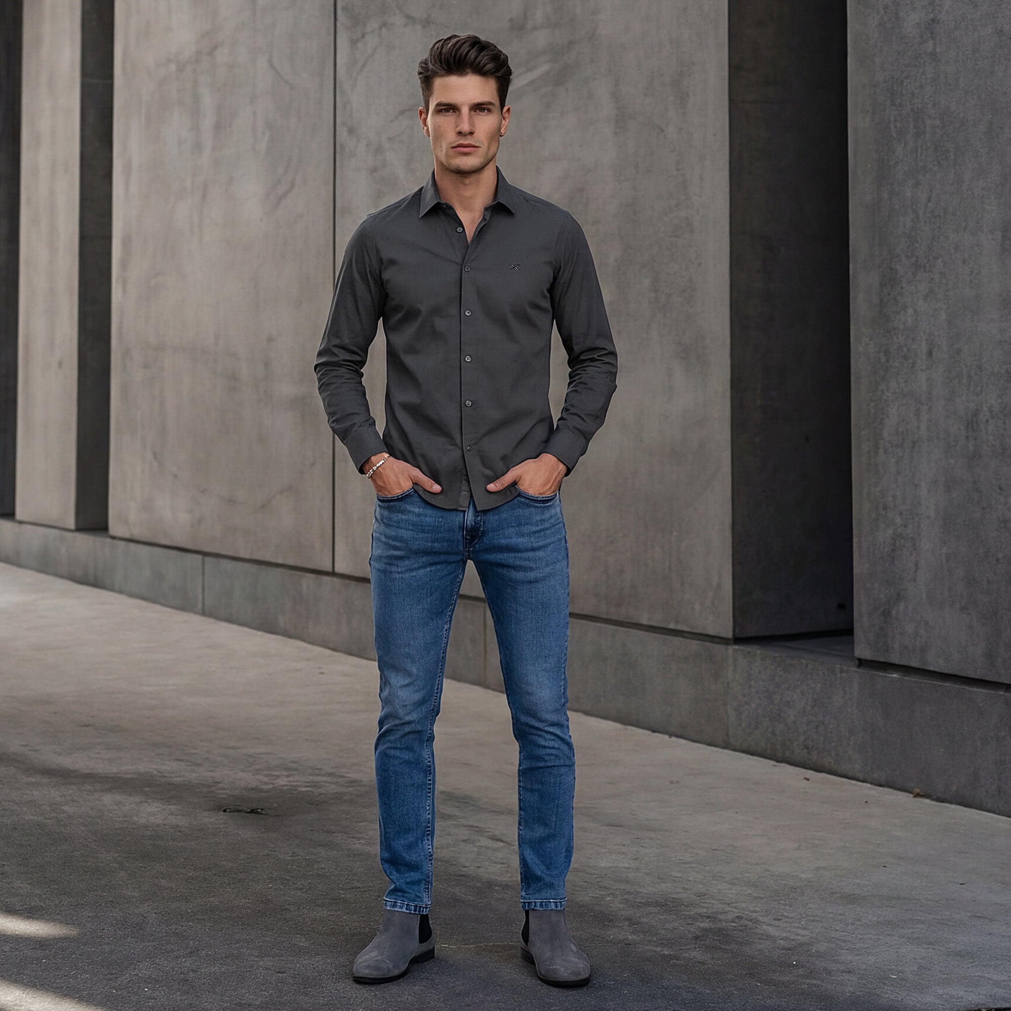 Men Dark Grey Solid Slim Fit Shirt