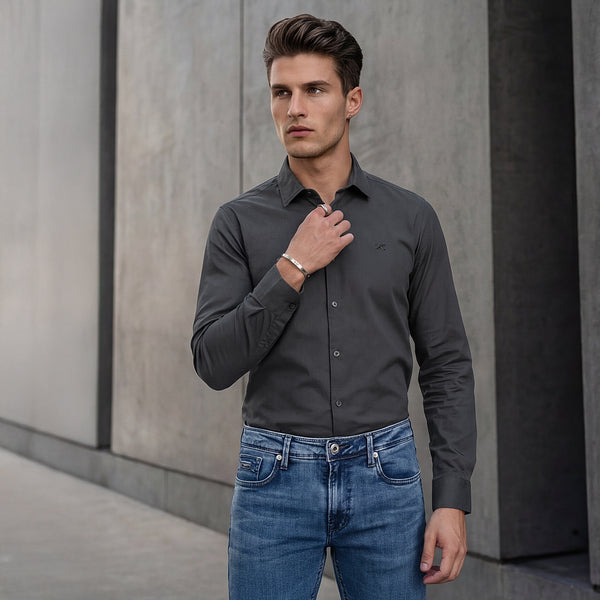 Full sleeves Slim Fit Slate Grey Premium Satin Solid Shirt
