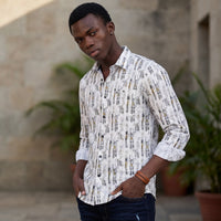 Full Sleeves Slim Fit White Abstract Textured Stripe Print Shirt