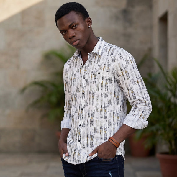 Full Sleeves Slim Fit White Abstract Textured Stripe Print Shirt