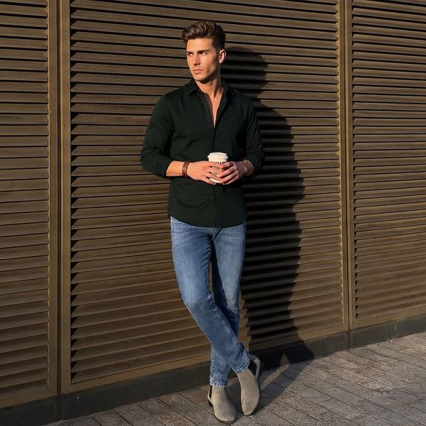 Men Dark Green Solid Slim Fit Shirt