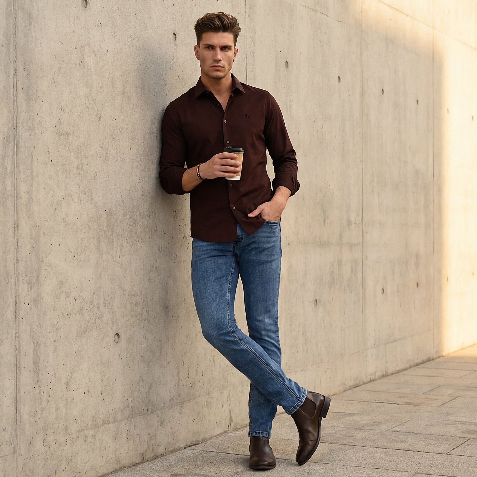 Men Coffee Solid Slim Fit Shirt