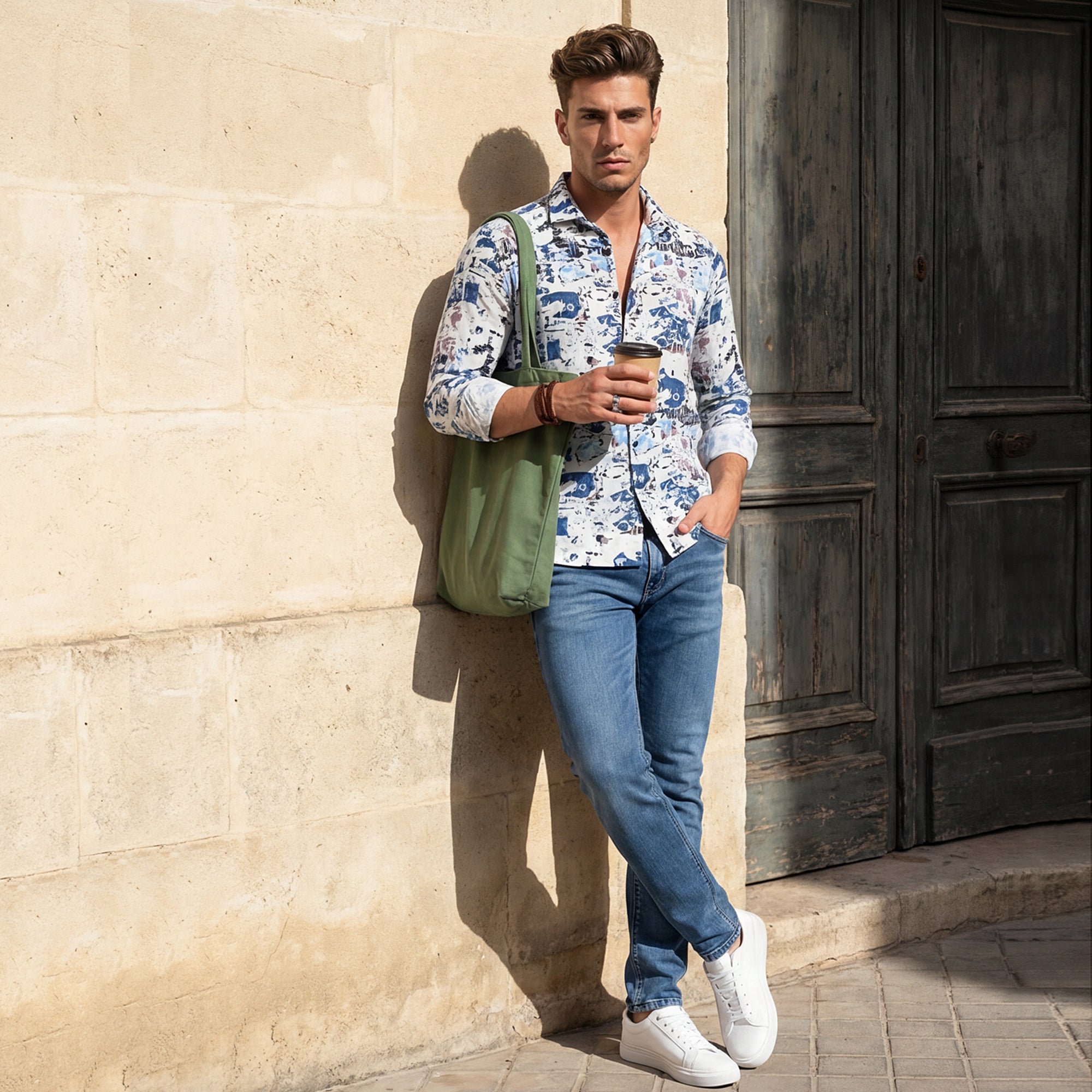 Men Blue Printed Slim Fit Shirt