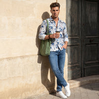 Full Sleeves Slim Fit Blue Abstract Textured Waffle Weave Print Shirt