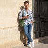 Full Sleeves Slim Fit Blue Abstract Textured Waffle Weave Print Shirt