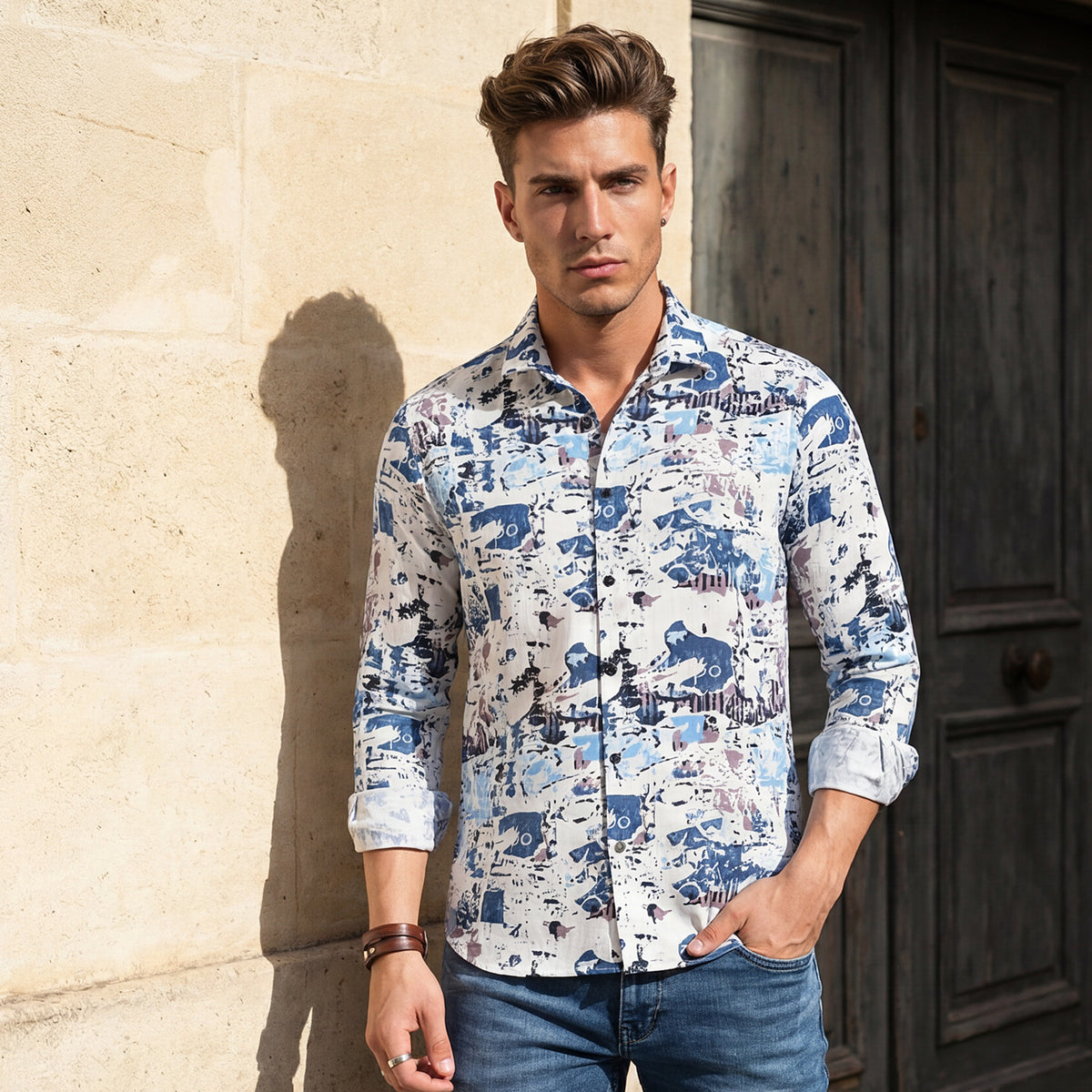 Full Sleeves Slim Fit Blue Abstract Textured Waffle Weave Print Shirt