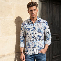 Full Sleeves Slim Fit Blue Abstract Textured Waffle Weave Print Shirt