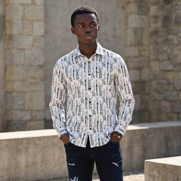 Full Sleeves Slim Fit White Abstract Textured Stripe Print Shirt