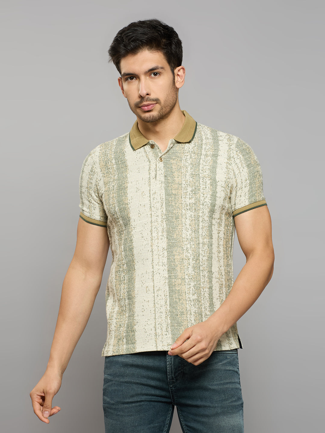 Men's Beige Striped Slim Fit T-Shirts