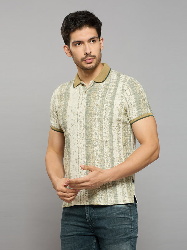 Men's Beige Striped Slim Fit T-Shirts