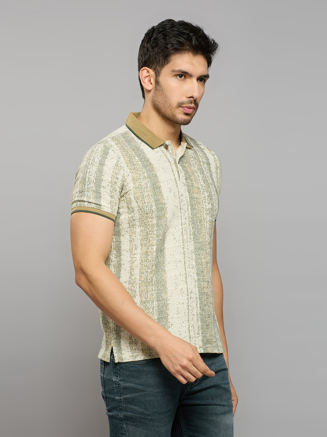Men's Beige Striped Slim Fit T-Shirts
