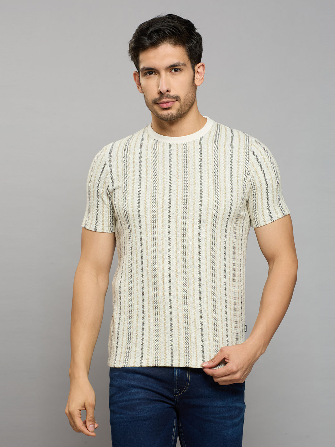 Men's Beige Striped Slim Fit T-Shirts