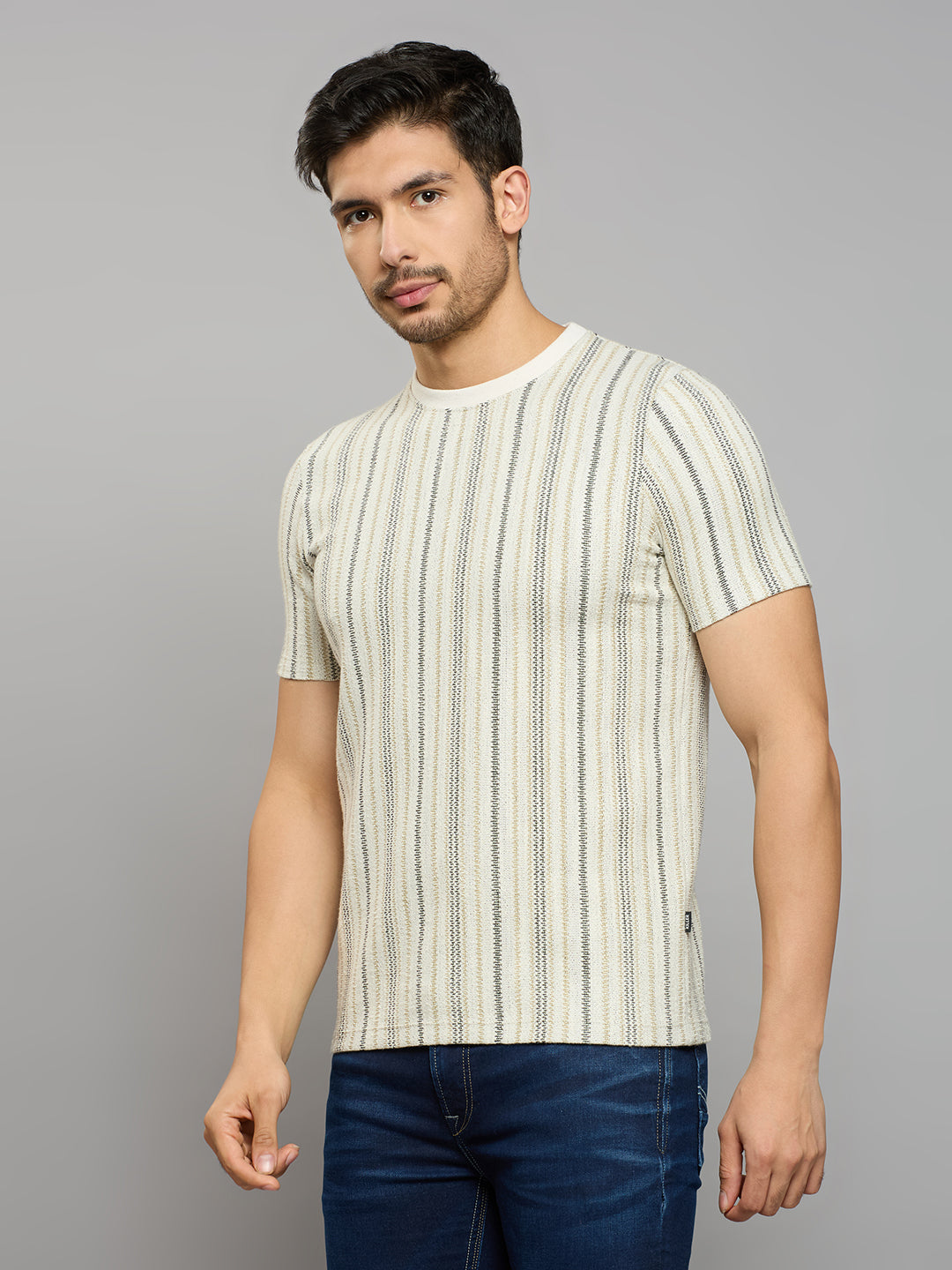 Men's Beige Striped Slim Fit T-Shirts
