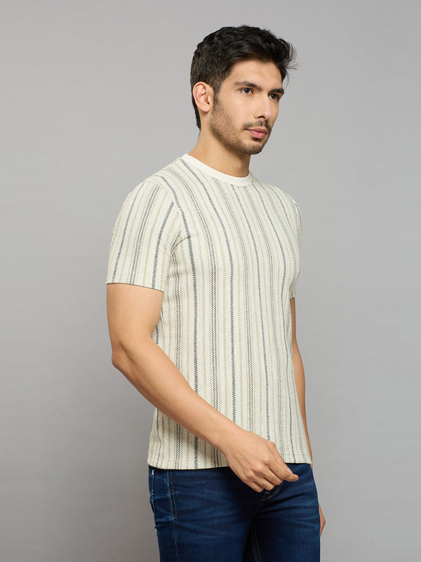 Men's Beige Striped Slim Fit T-Shirts