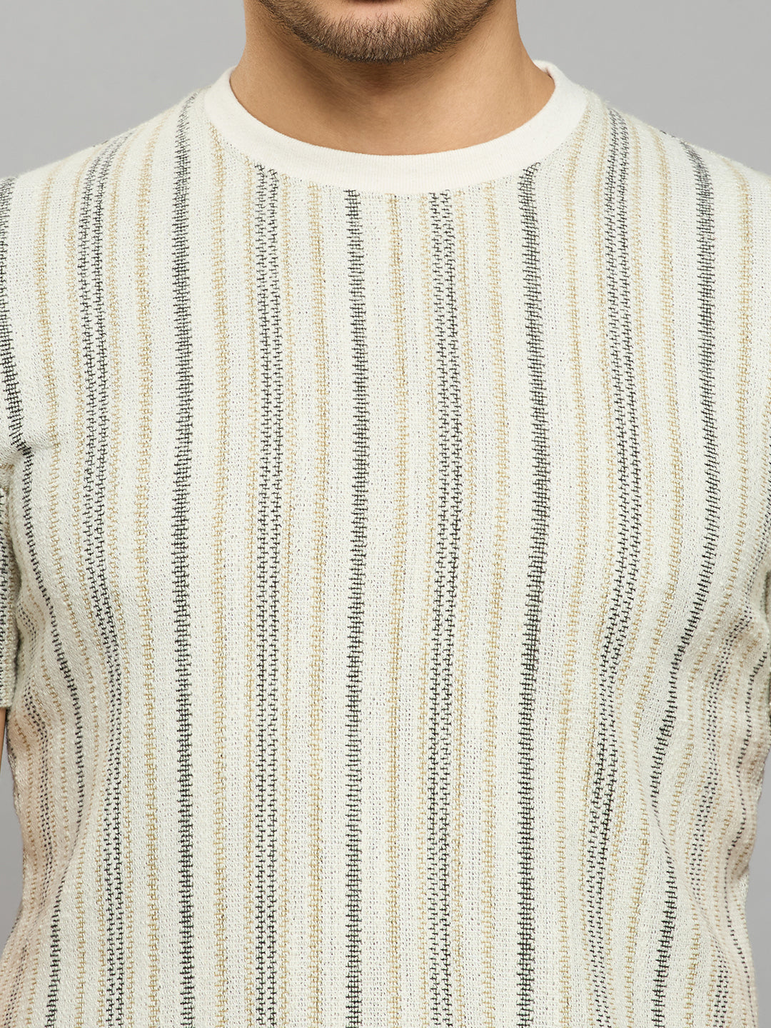 Men's Beige Striped Slim Fit T-Shirts